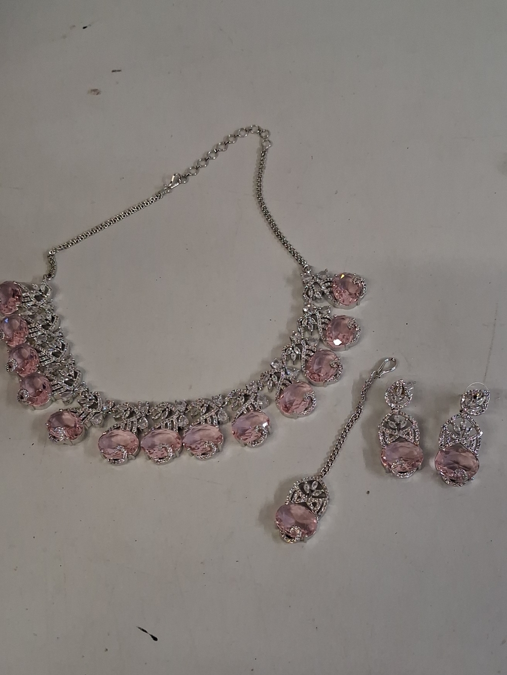 NWT Traditional Indian Bridal Jewelry Set, Pink And Silver